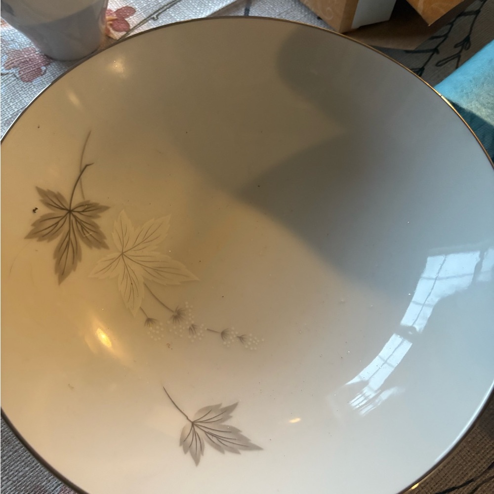 Mikasa Cream Dinnerware with Gray Leaf Motif and delicate silver around edges.